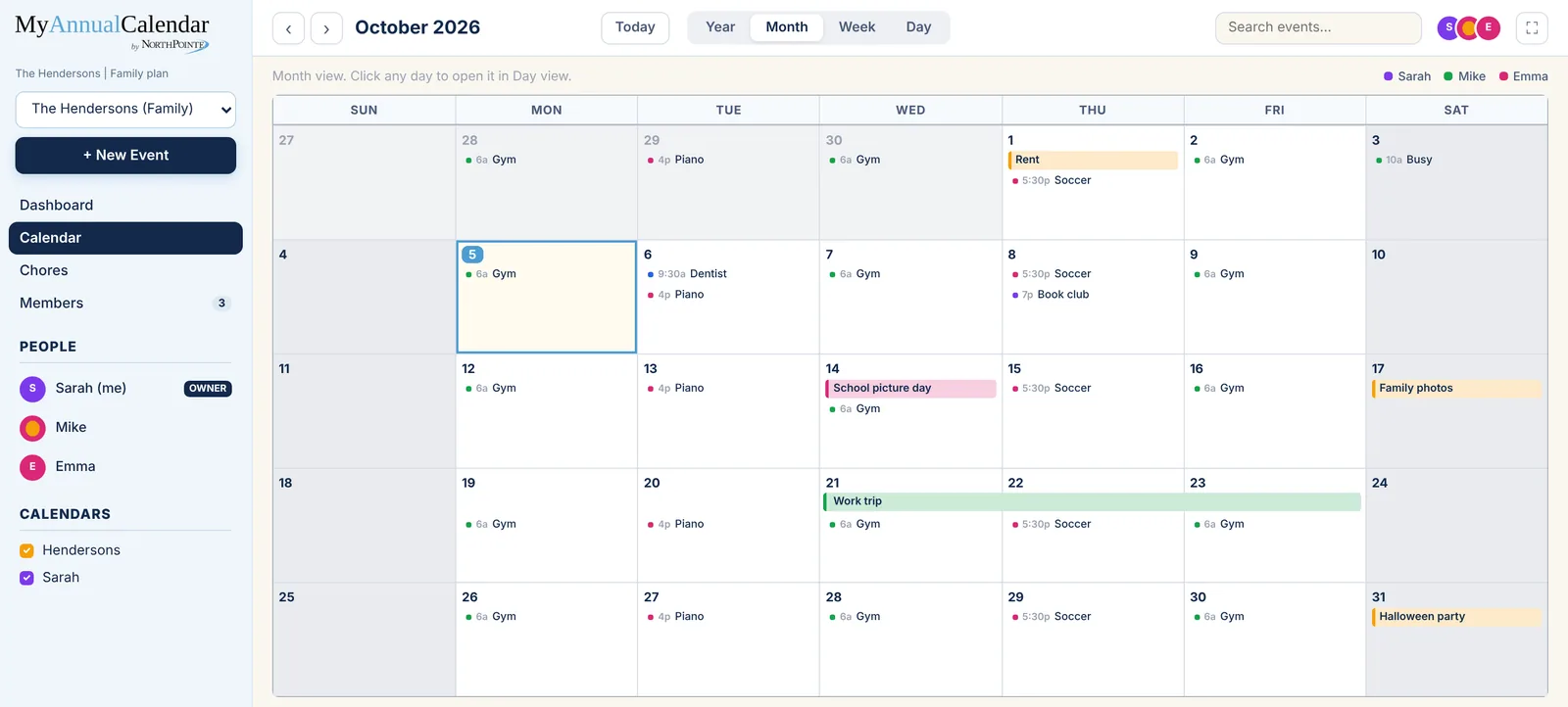 A family's October in Month view, color coded by person